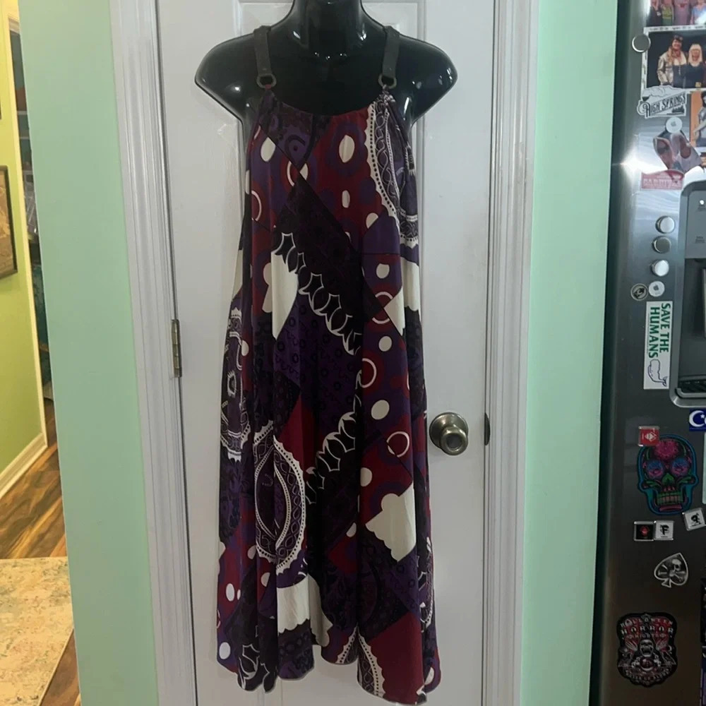 Sza Sza Purple & Burgundy Print Dress Adjustable Tie Size XL made in Uruguay
